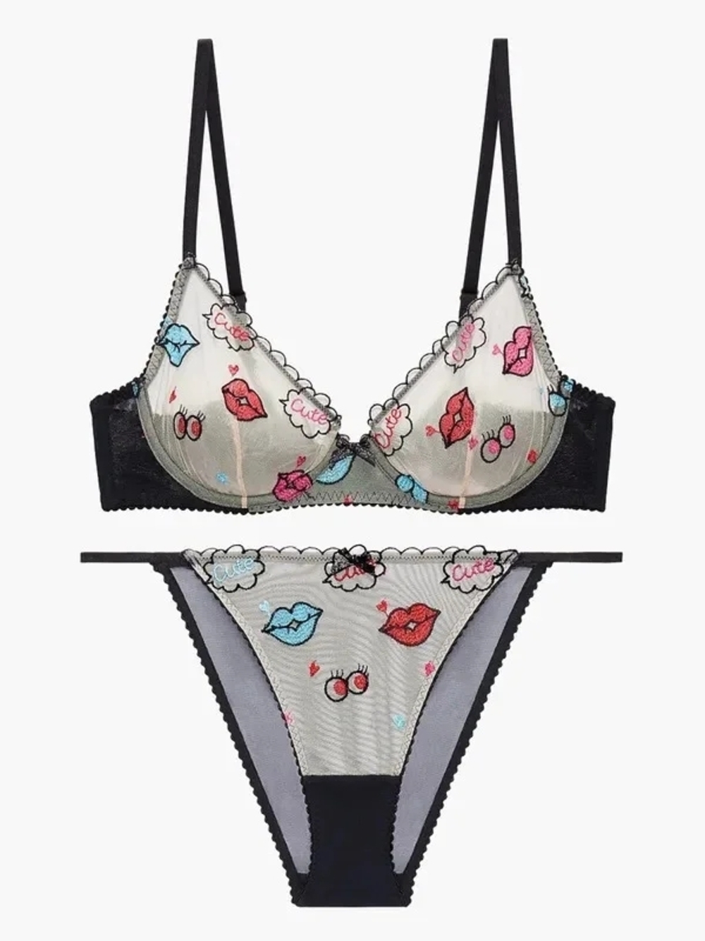Salvage Fenty Sheer Embroidered Kiss Motif Bra & Thong Set - Black M and 38D Bra